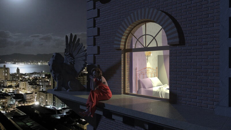 Woman in Red Dress — Dramatic, Night, 3d Render, Statue