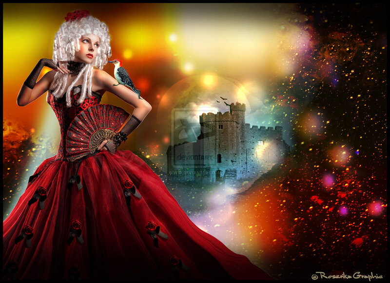 Woman in Red Dress — Dramatic, Night, Digital Art, Bird, Castle