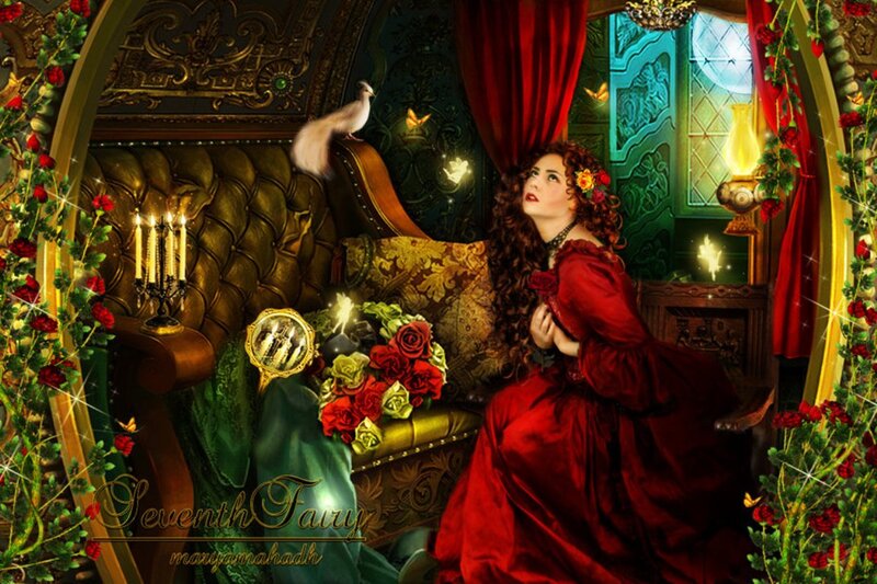 Woman in Red Dress — Dramatic, Night, Digital Art, Bird, Roses