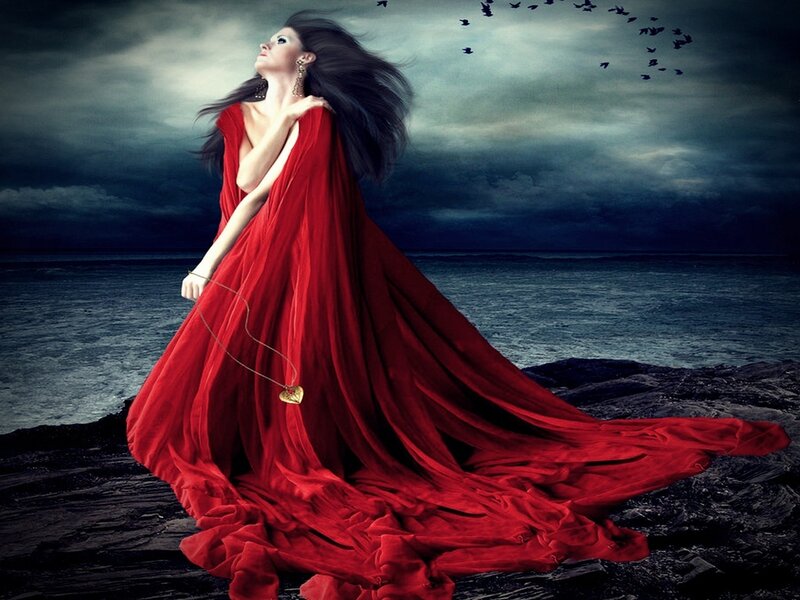Woman in Red Dress — Dramatic, Night, Digital Art, Birds