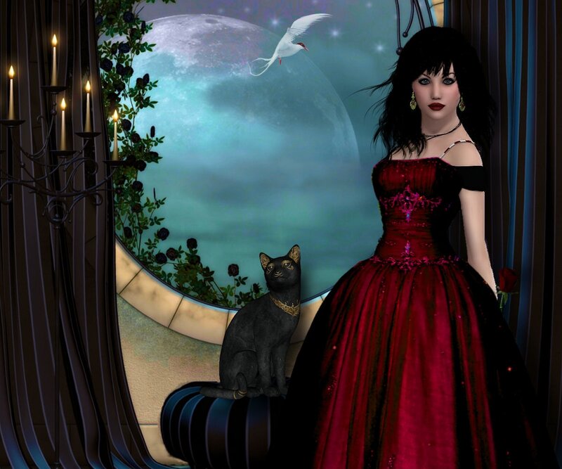 Woman in Red Dress — Dramatic, Night, Digital Art, Black Cat