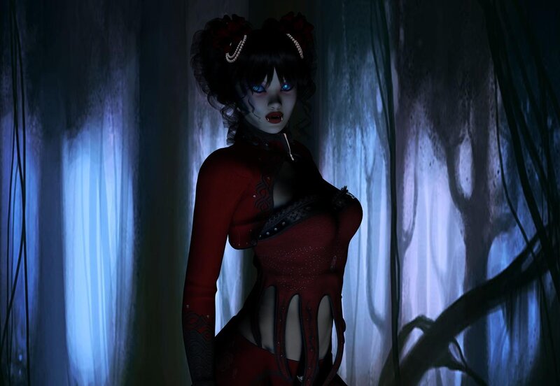 Woman in Red Dress — Dramatic, Night, Digital Art, Blue Eyes
