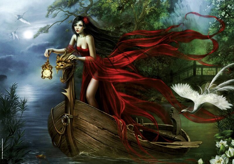 Woman in Red Dress — Dramatic, Night, Digital Art, Boat, Lantern