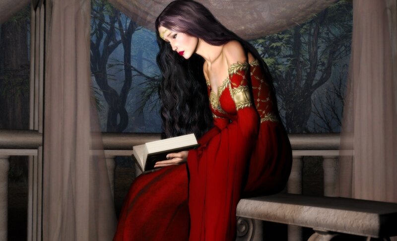 Woman in Red Dress — Dramatic, Night, Digital Art, Book, Forest
