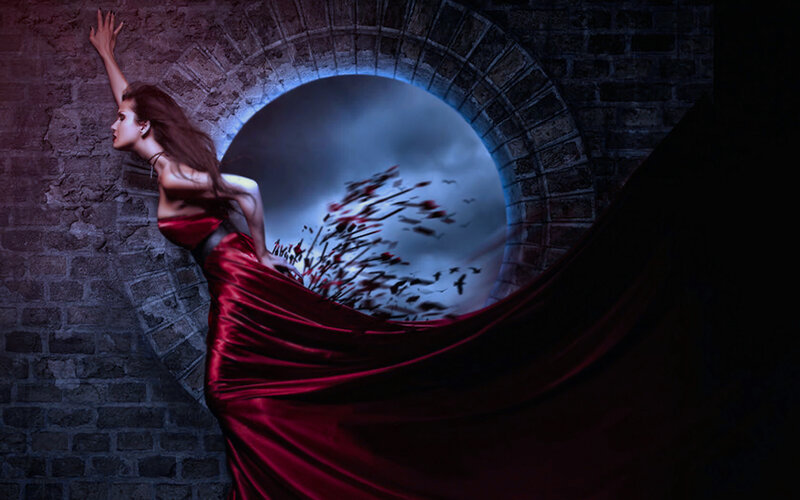 Woman in Red Dress — Dramatic, Night, Digital Art, Brick Arch