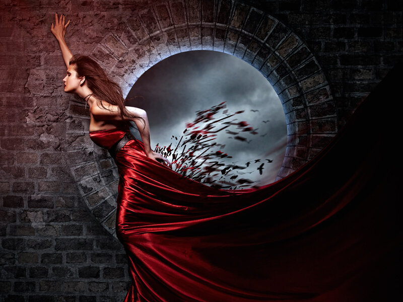 Woman in Red Dress — Dramatic, Night, Digital Art, Brick Wall, Archway