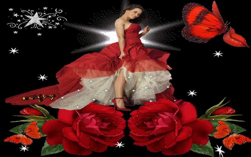 Woman in Red Dress — Dramatic, Night, Digital Art, Butterflies