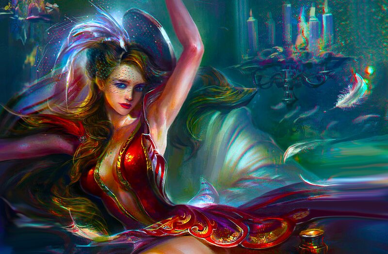 Woman in Red Dress — Dramatic, Night, Digital Art, Candles, Feather