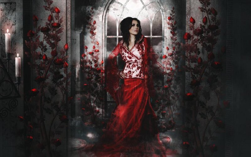 Woman in Red Dress — Dramatic, Night, Digital Art, Candles