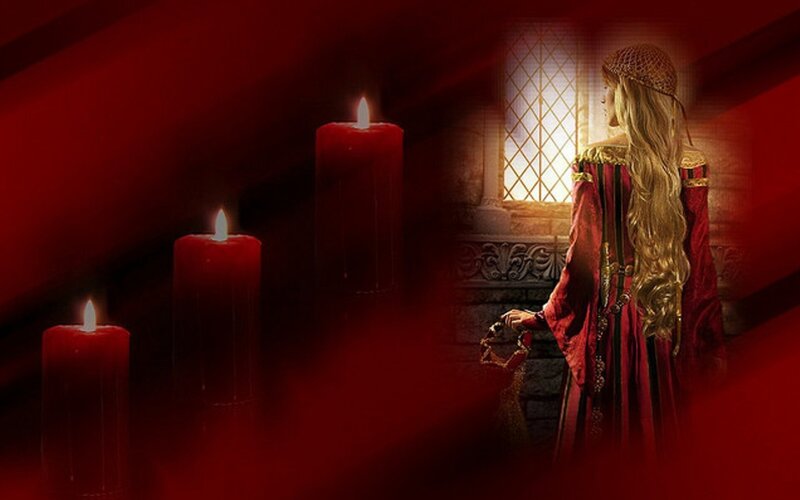 Woman in Red Dress — Dramatic, Night, Digital Art, Candles, Window