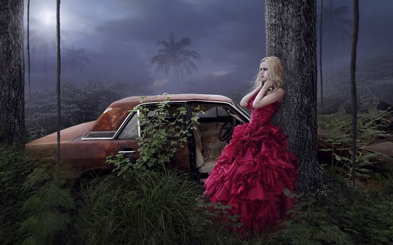 Woman in Red Dress — Dramatic, Night, Digital Art, Car