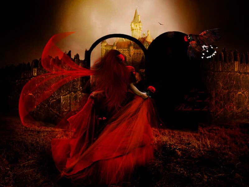 Woman in Red Dress — Dramatic, Night, Digital Art, Castle, Bird