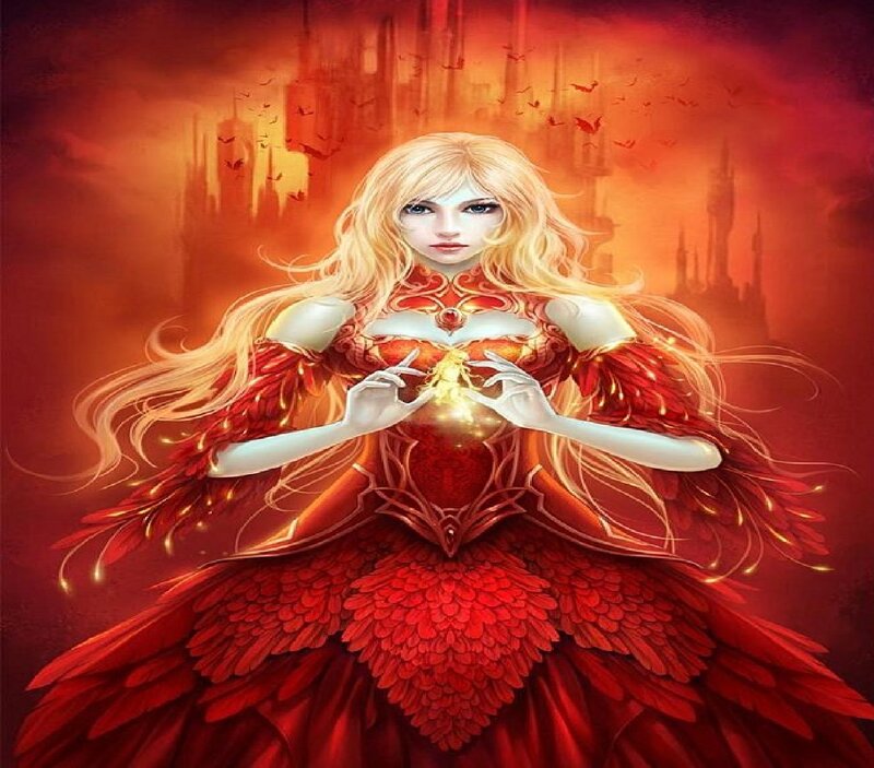 Woman in Red Dress — Dramatic, Night, Digital Art, Castle, Birds, Light