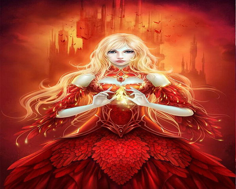 Woman in Red Dress — Dramatic, Night, Digital Art, Castle, Birds