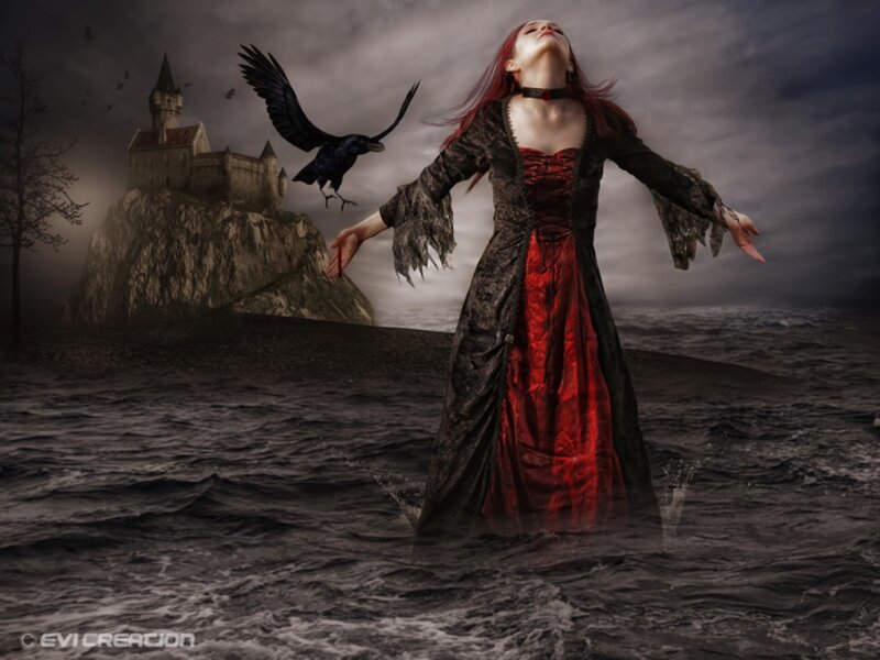 Woman in Red Dress — Dramatic, Night, Digital Art, Castle, Crow