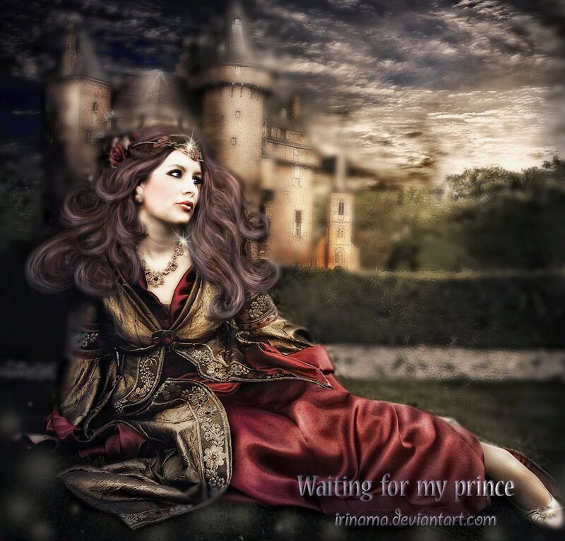 Woman in Red Dress — Dramatic, Night, Digital Art, Castle, Crown
