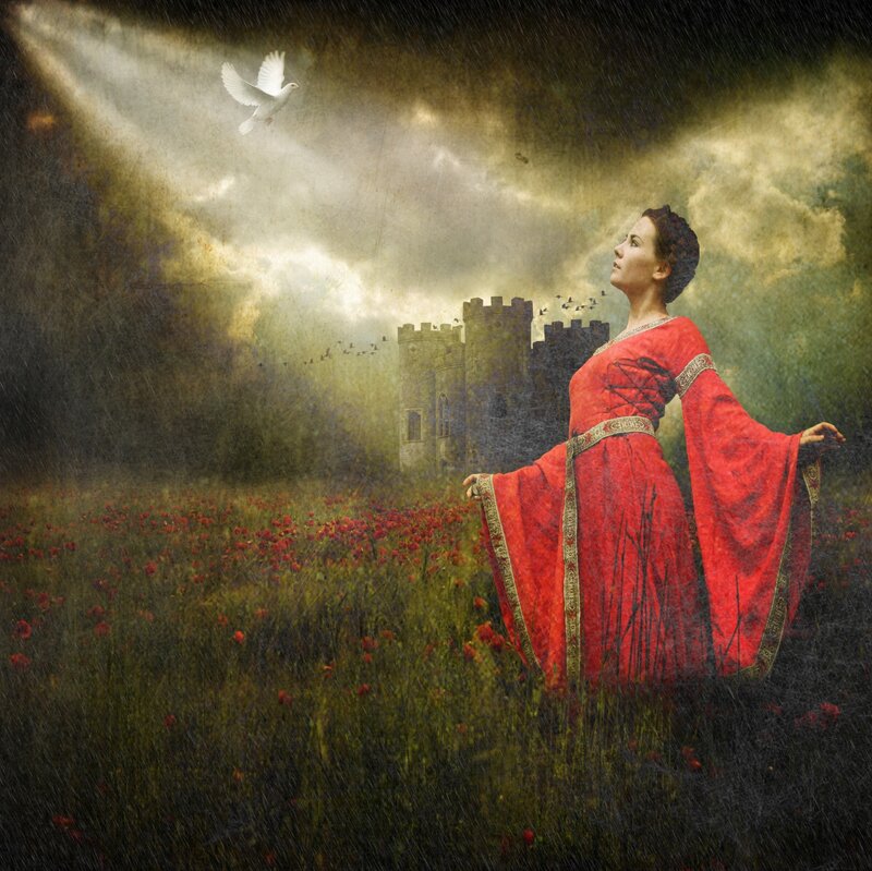 Woman in Red Dress — Dramatic, Night, Digital Art, Castle, Dove
