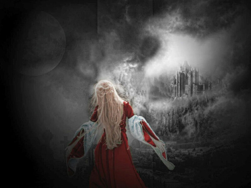 Woman in Red Dress — Dramatic, Night, Digital Art, Castle, Moon