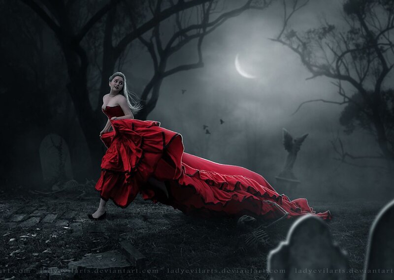 Woman in Red Dress — Dramatic, Night, Digital Art, Cemetery, Moon