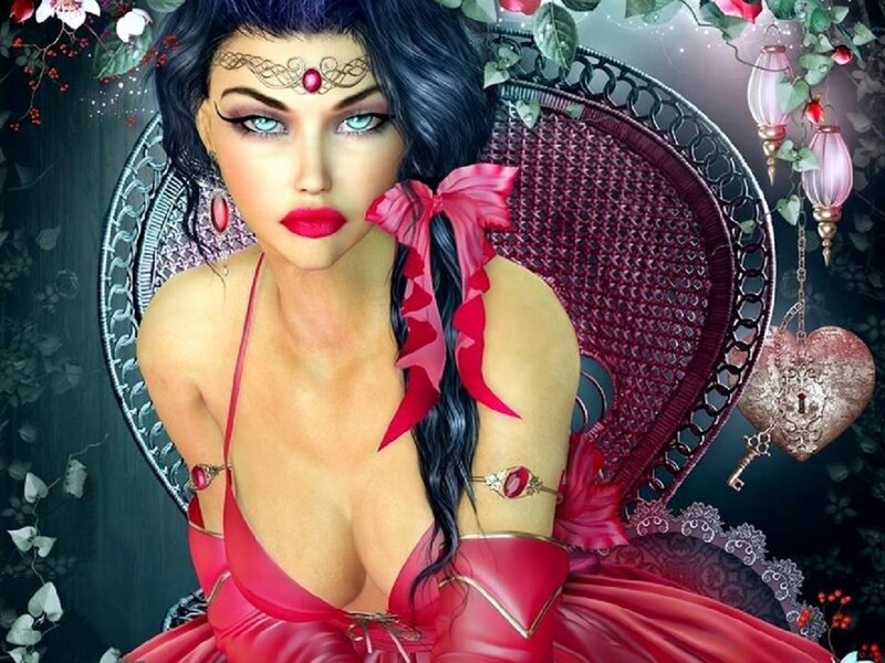 Woman in Red Dress — Dramatic, Night, Digital Art, Chair