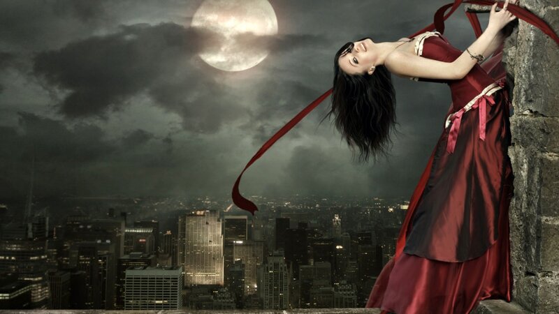 Woman in Red Dress — Dramatic, Night, Digital Art, Cityscape, Moon