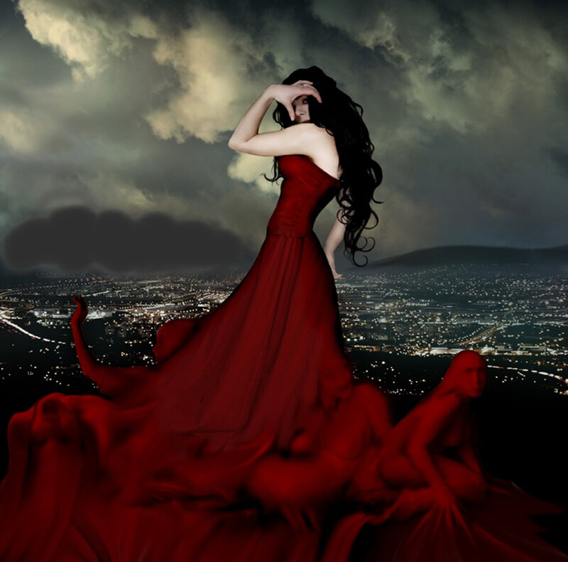 Woman in Red Dress — Dramatic, Night, Digital Art, Cityscape