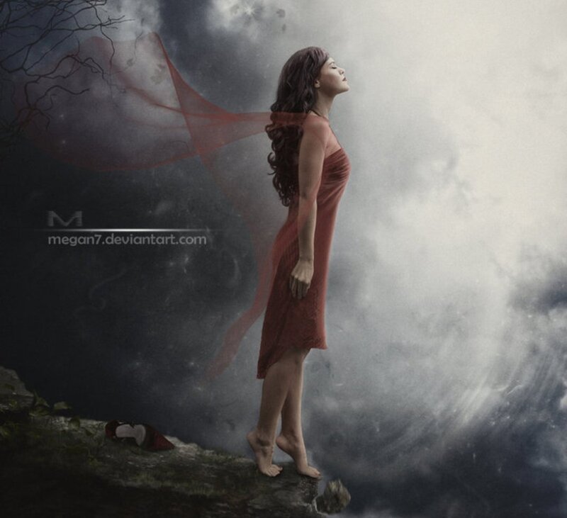 Woman in Red Dress — Dramatic, Night, Digital Art, Clouds