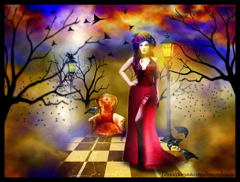Woman in Red Dress — Dramatic, Night, Digital Art, Crows, Armchair