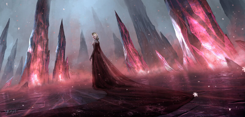 Woman in Red Dress — Dramatic, Night, Digital Art, Crystal Spires