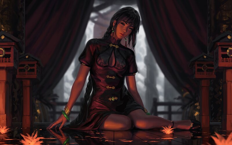 Woman in Red Dress — Dramatic, Night, Digital Art, Curtains
