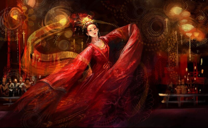 Woman in Red Dress — Dramatic, Night, Digital Art, Dancing