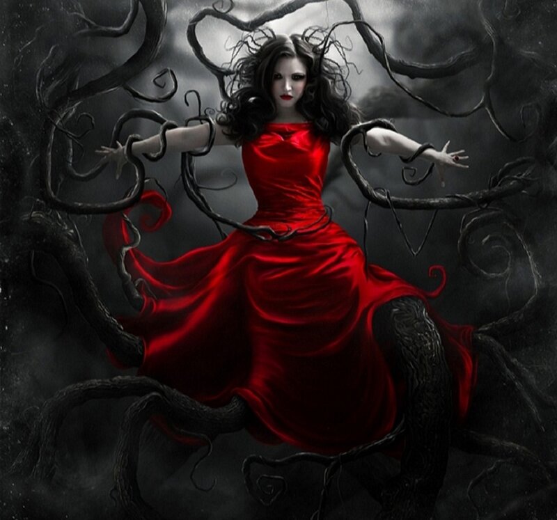 Woman in Red Dress — Dramatic, Night, Digital Art, Dark Branches