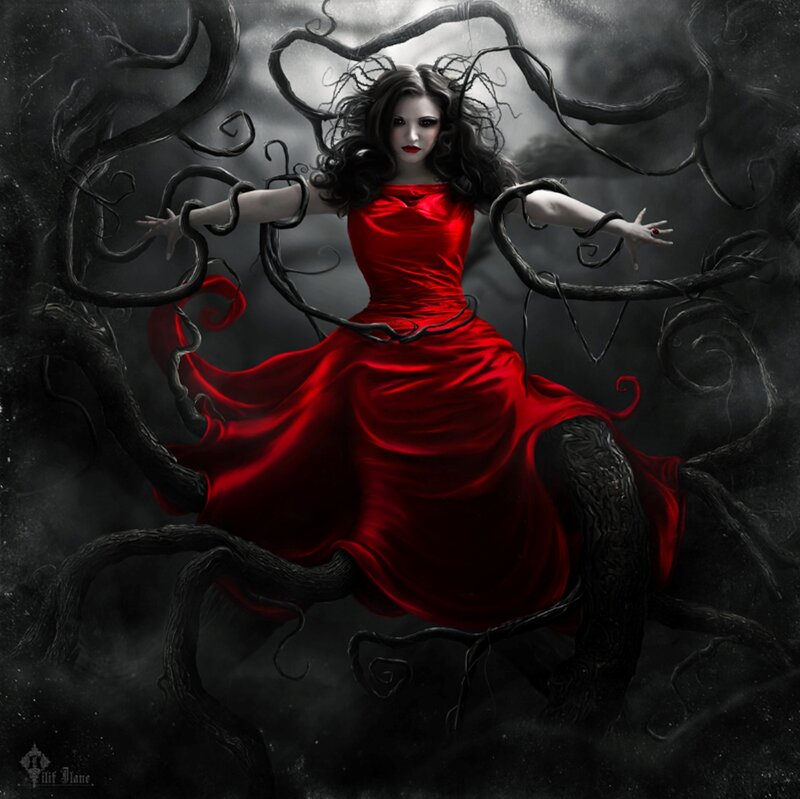 Woman in Red Dress — Dramatic, Night, Digital Art, Dark Vines