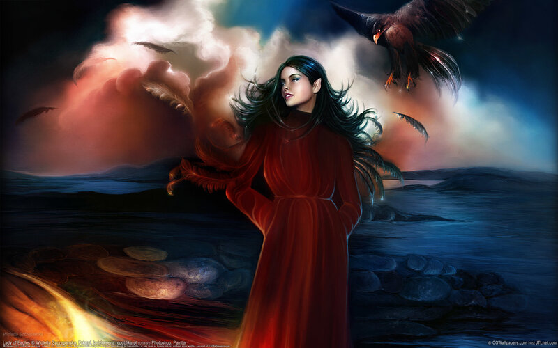 Woman in Red Dress — Dramatic, Night, Digital Art, Eagle