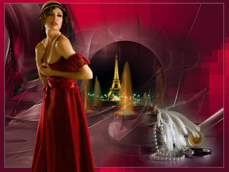 Woman in Red Dress — Dramatic, Night, Digital Art, Eiffel Tower