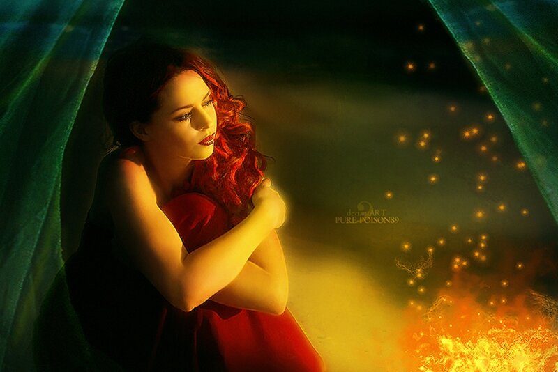 Woman in Red Dress — Dramatic, Night, Digital Art, Fire, Curtains