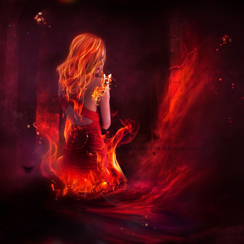 Woman in Red Dress — Dramatic, Night, Digital Art, Fire, Flames