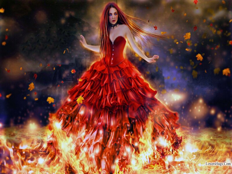Woman in Red Dress — Dramatic, Night, Digital Art, Fire, Leaves
