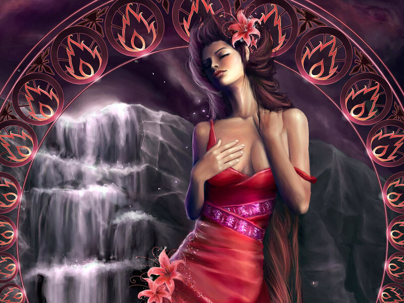 Woman in Red Dress — Dramatic, Night, Digital Art, Fire Symbols