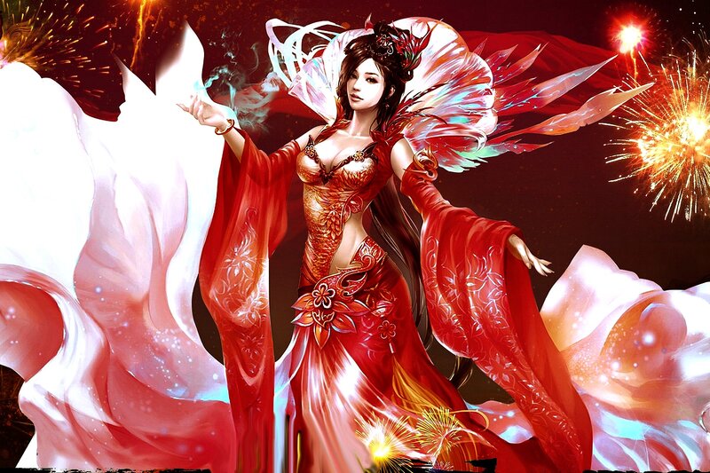 Woman in Red Dress — Dramatic, Night, Digital Art, Fireworks, Wings