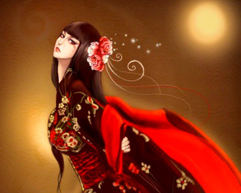 Woman in Red Dress — Dramatic, Night, Digital Art, Flower, Moon