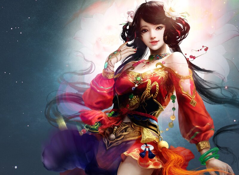 Woman in Red Dress — Dramatic, Night, Digital Art, Flower