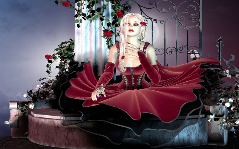 Woman in Red Dress — Dramatic, Night, Digital Art, Flowers