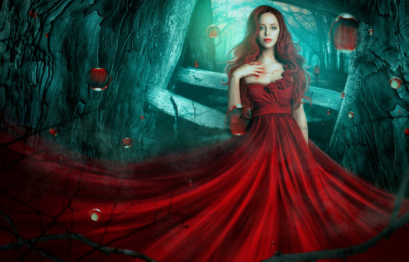 Woman in Red Dress — Dramatic, Night, Digital Art, Forest, Apples