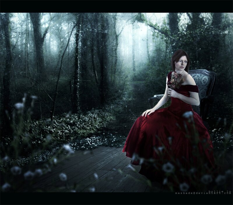 Woman in Red Dress — Dramatic, Night, Digital Art, Forest, Chair