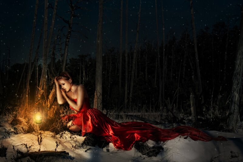 Woman in Red Dress — Dramatic, Night, Digital Art, Forest, Snow