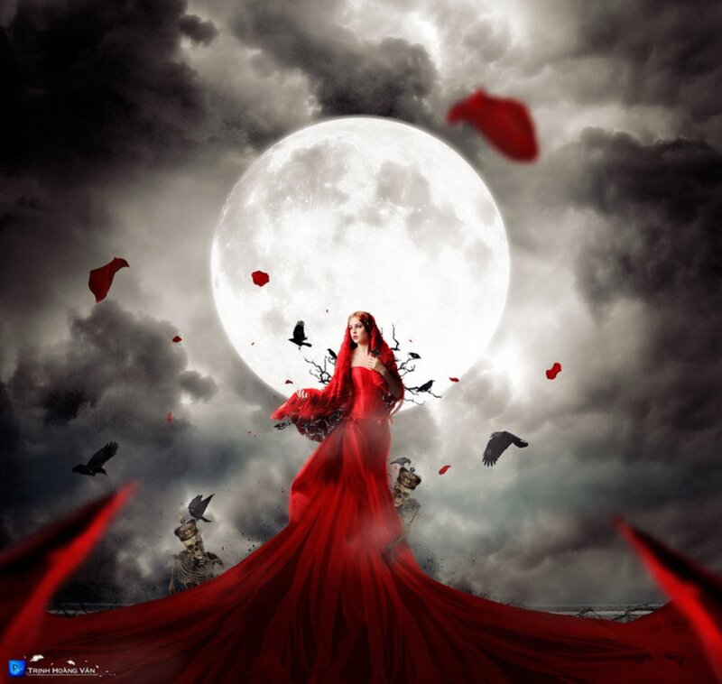 Woman in Red Dress — Dramatic, Night, Digital Art, Full Moon