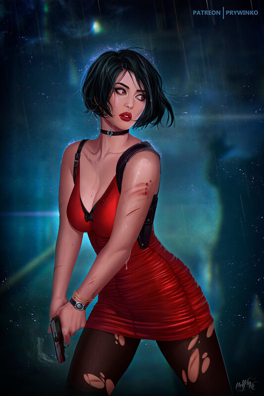 Woman in Red Dress — Dramatic, Night, Digital Art, Gun, Rain