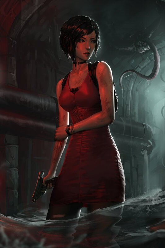 Woman in Red Dress — Dramatic, Night, Digital Art, Gun, Tentacle