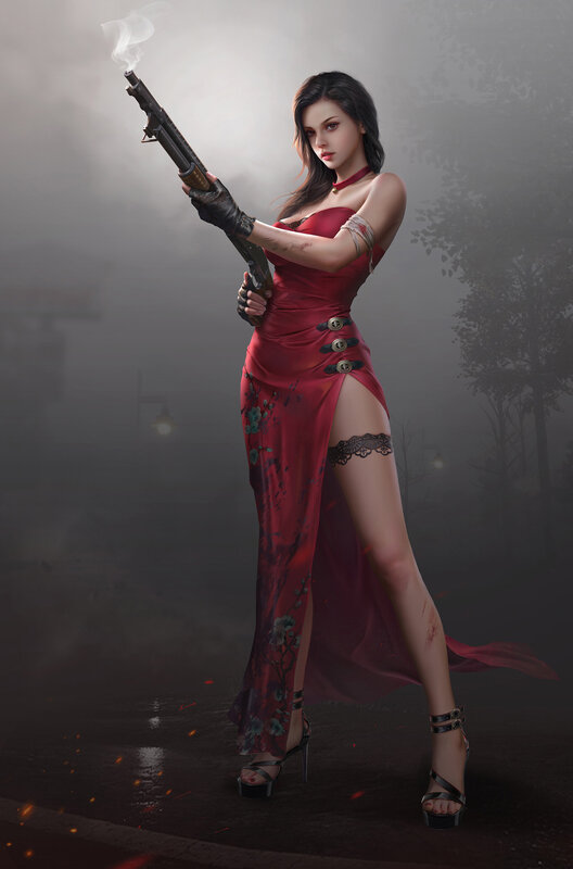 Woman in Red Dress — Dramatic, Night, Digital Art, Gun, Trees
